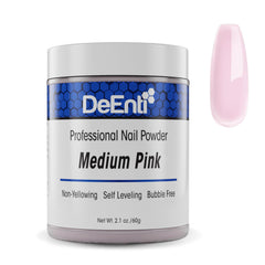 DeEnti jar front view showing medium pink acrylic powder benefits