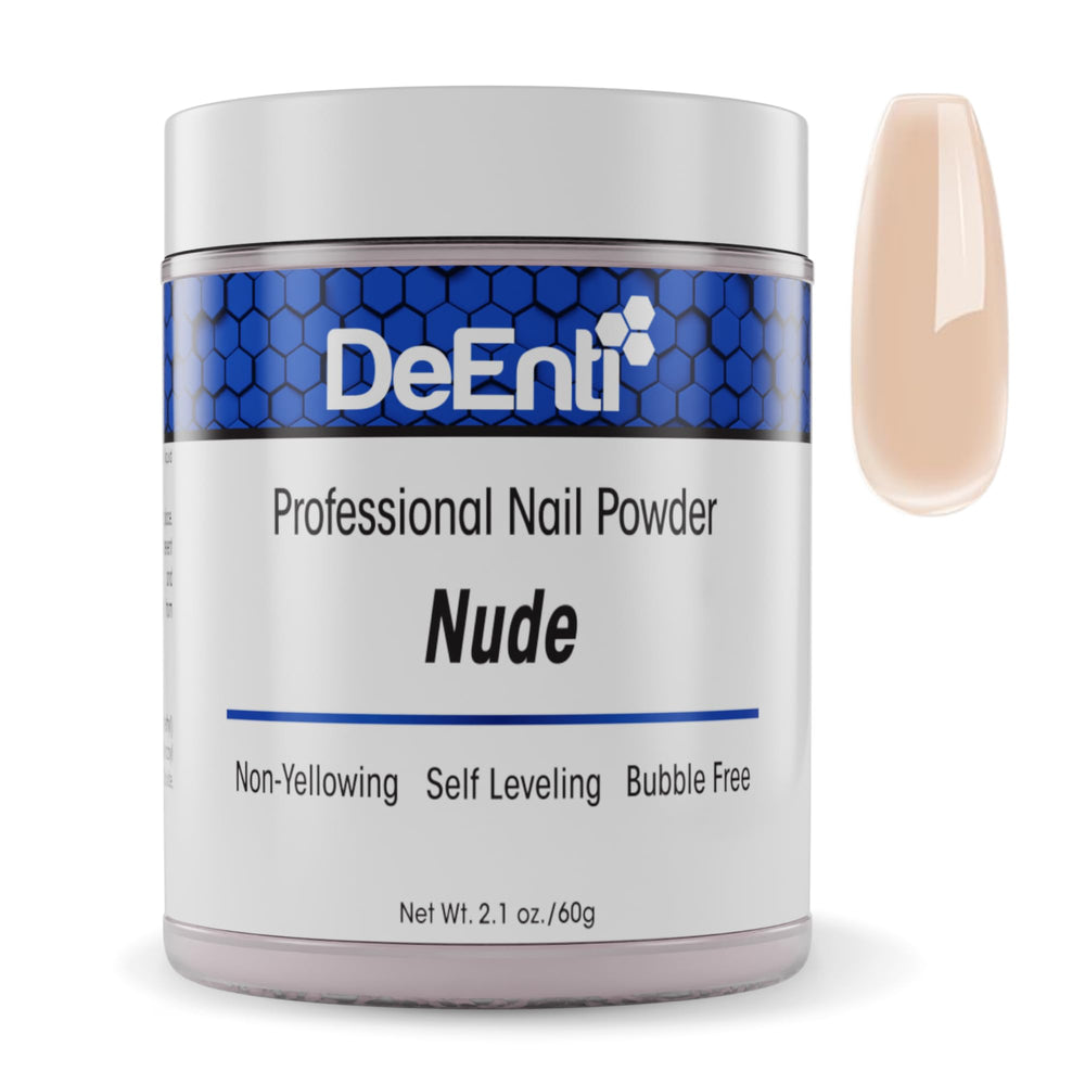 DeEnti jar front showing nude powder and clear labeling for easy identification