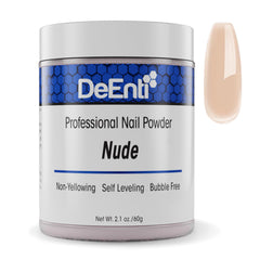 DeEnti jar front showing nude powder and clear labeling for easy identification