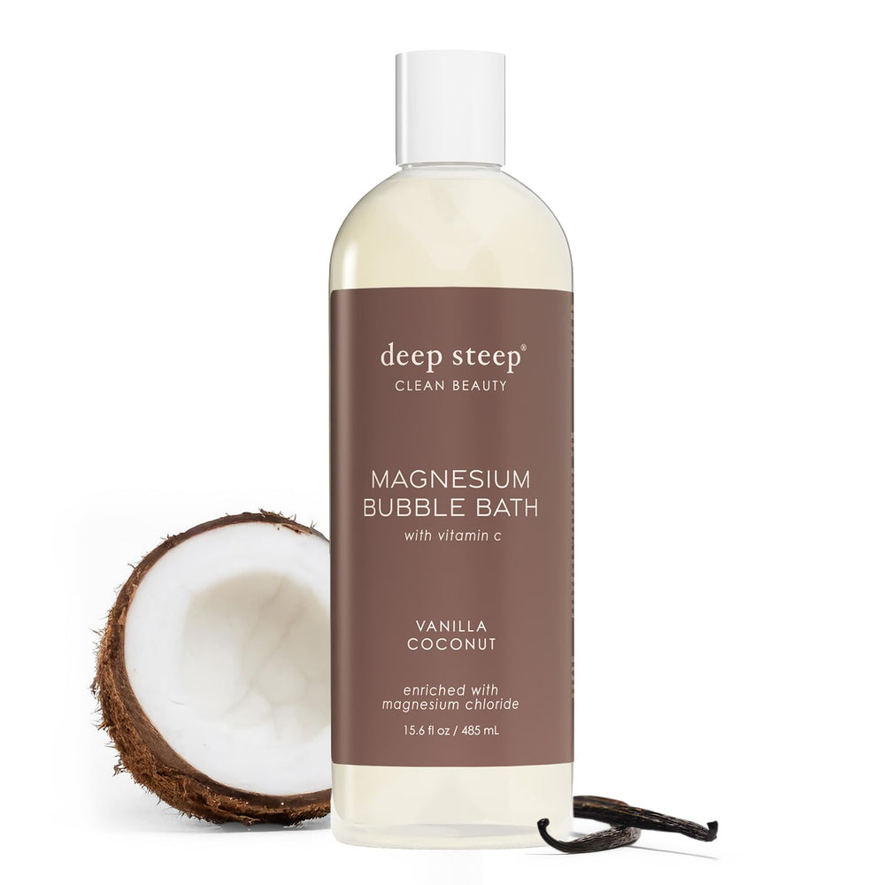Deep Steep bottle front view showing size and calming vanilla coconut scent benefit