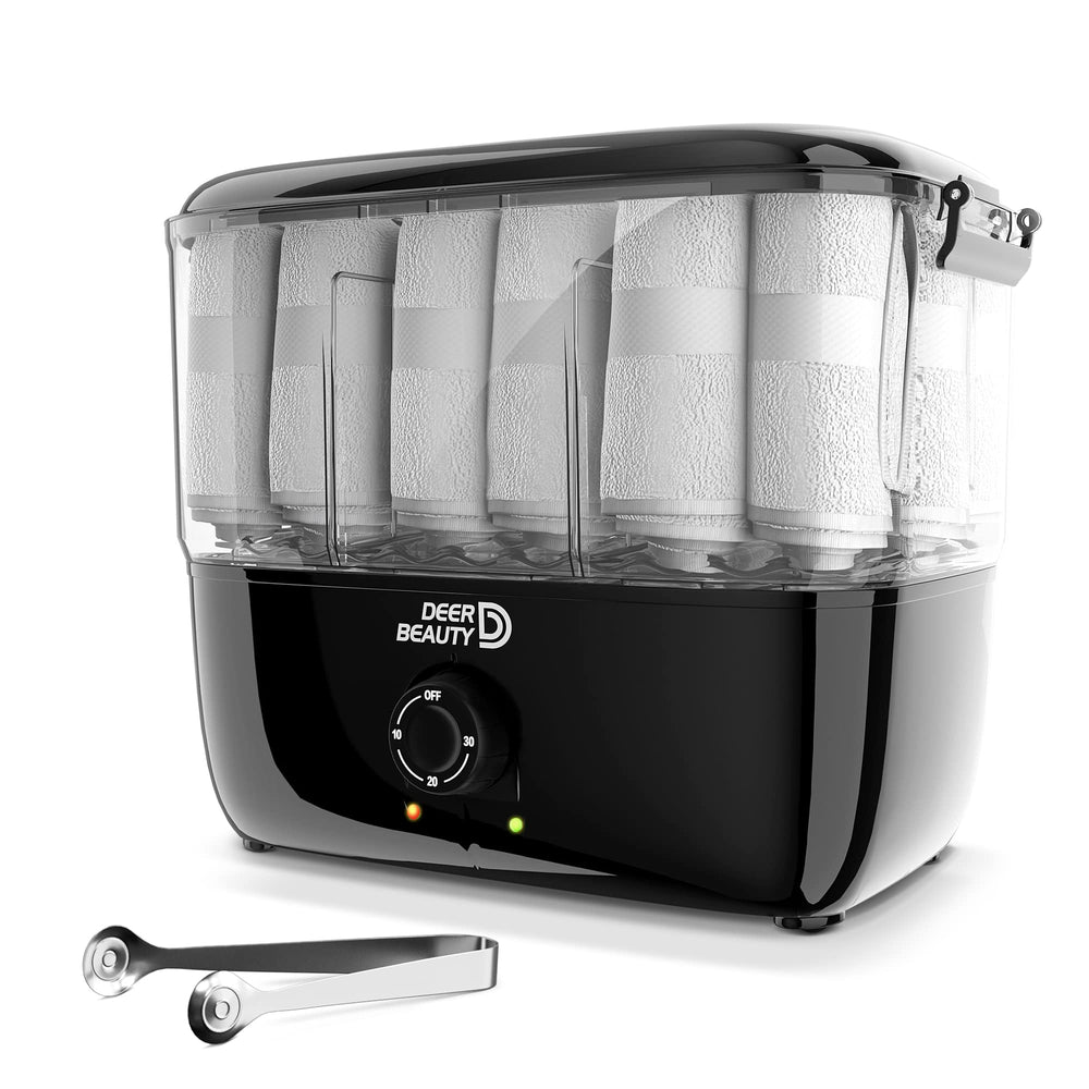 DEER BEAUTY front view of towel steamer showing compact design and fast heating benefit