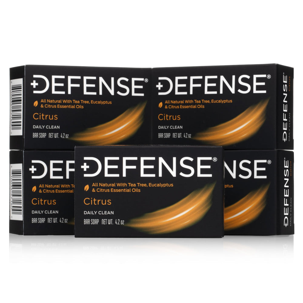 Defense Soap front pack view showing five citrus-scented bars and fresh appeal