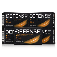Defense Soap front pack view showing five citrus-scented bars and fresh appeal