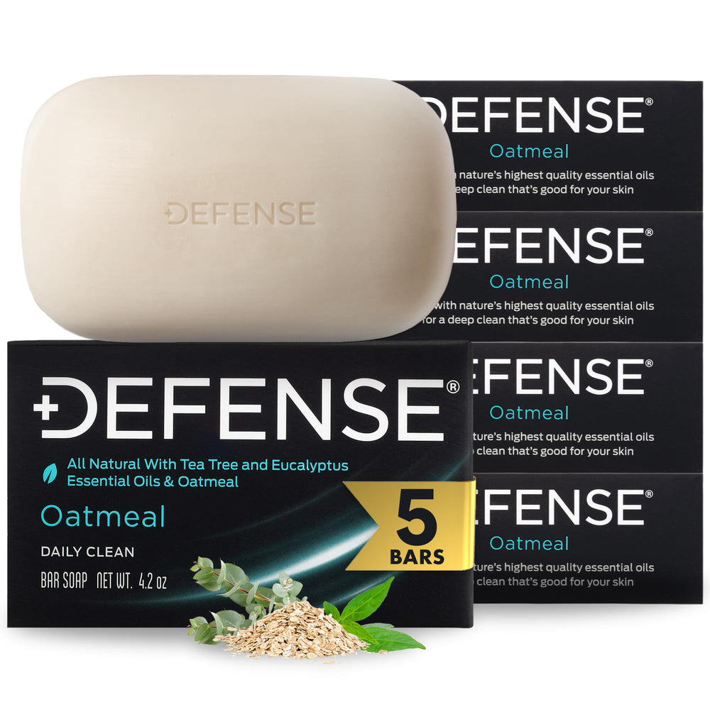 Defense Soap front pack showing five oatmeal bars and branding benefit clean supply