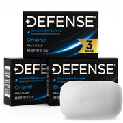 Defense Soap front packaging showing three bars and clear benefits