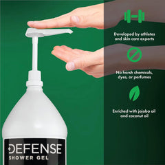 Defense Soap gallon next to small refill bottle showing scale and value