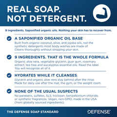 Defense Soap ingredients label close-up highlighting botanical oil blend