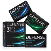 Defense Soap front packaging showing all three bars and benefits