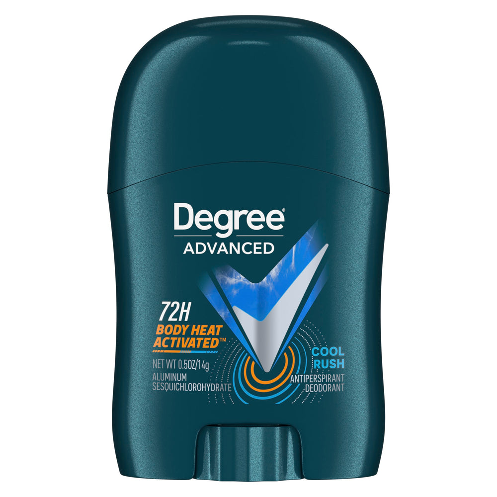 Degree front packaging showing trial travel 0.5 oz and 36-count supply promoting convenience