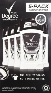 Degree Men Adrenaline front packaging showing five 2.7oz sticks and one 1.7oz travel stick, convenient supply