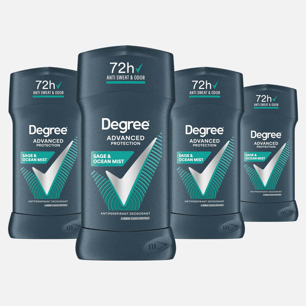 Degree front view showing Sage & Ocean Mist stick and 72-hour protection benefit