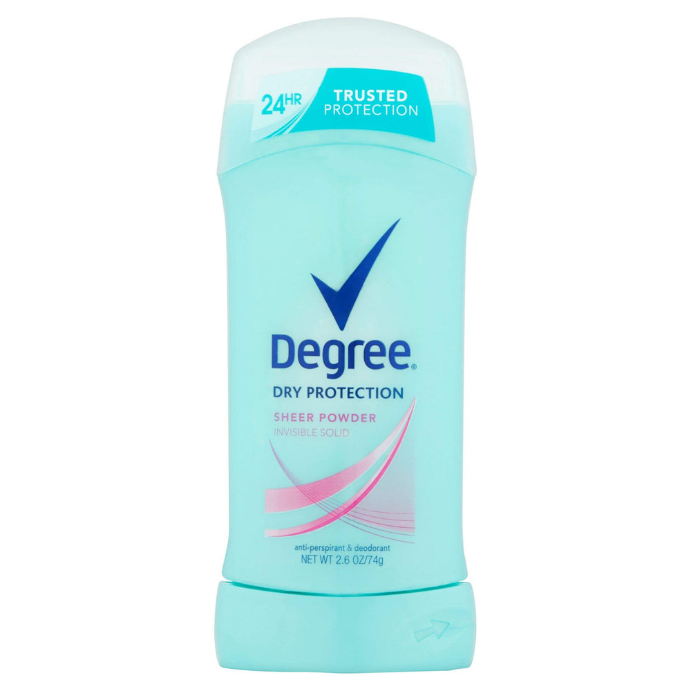 Degree Sheer Powder front packaging showing stick and pack benefit of long-lasting protection