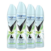Degree front packaging showing four 3.8 oz cans and product name protecting clothes