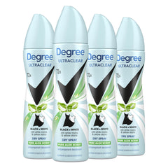Degree front packaging showing four 3.8 oz cans and product name protecting clothes
