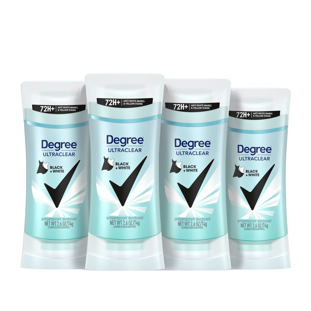 Degree front packaging showing four 2.6 oz sticks and product benefits