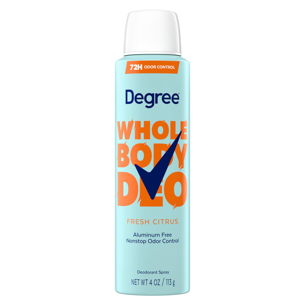 Degree whole body front packaging shows citrus scent and 72H protection