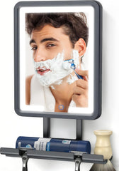 DeLanex shower mirror front view showing clear fogless reflection and benefit