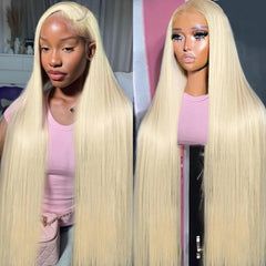 Deloni front view of 30-inch 613 blonde wig showing full length and natural shine benefit