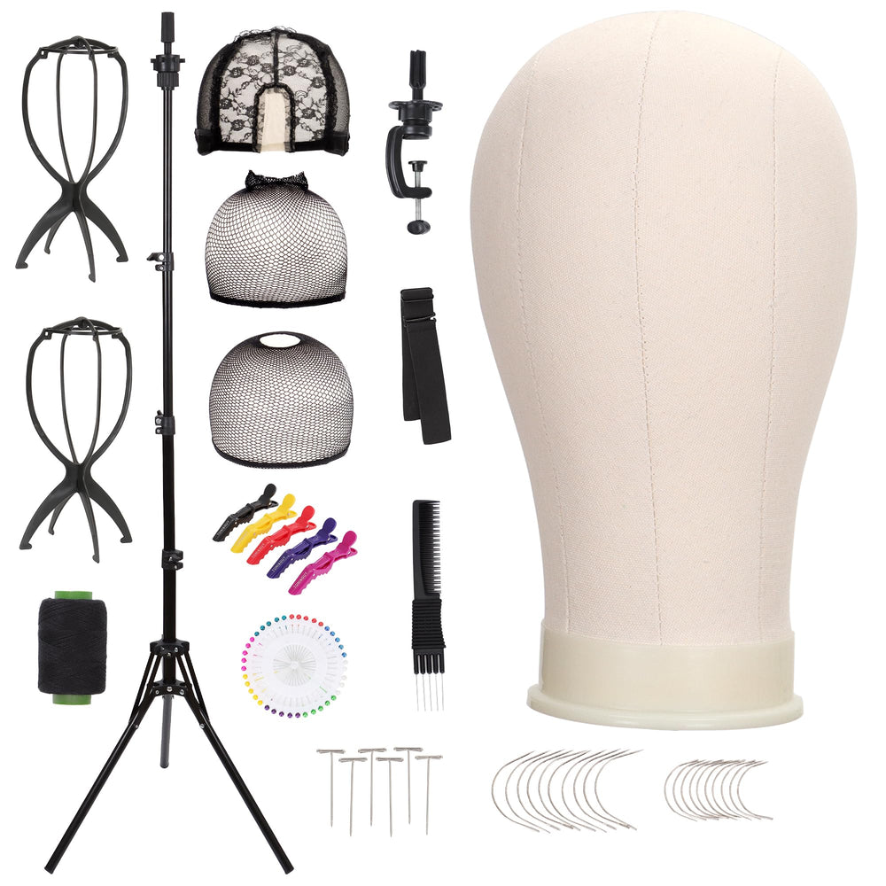 Demides canvas wig head front view showing stable form and pin-holding ability
