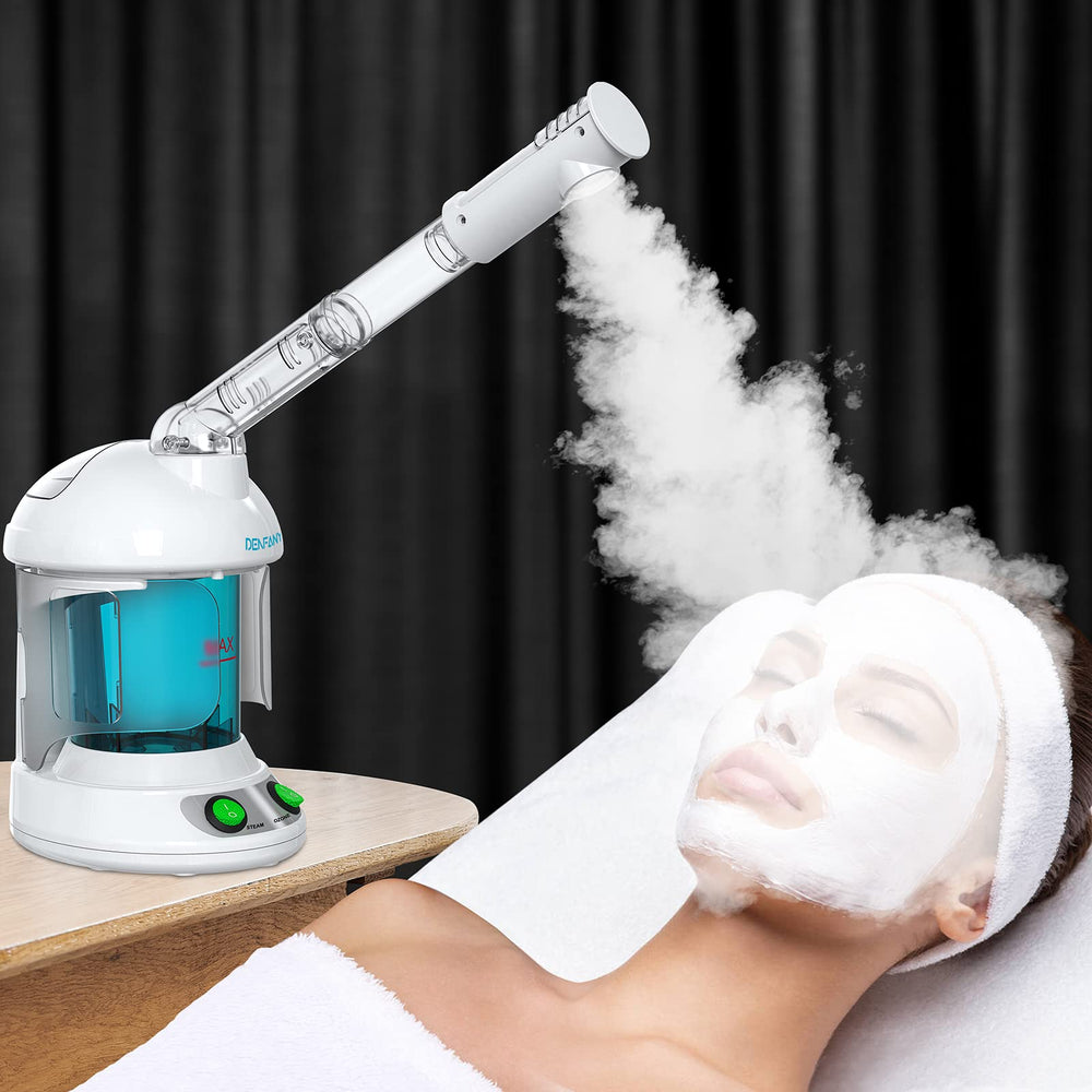 Denfany facial steamer front view showing compact salon-ready design and ease