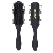 Denman D4 front view showing nine rows of pins and sleek all-black finish for precise styling