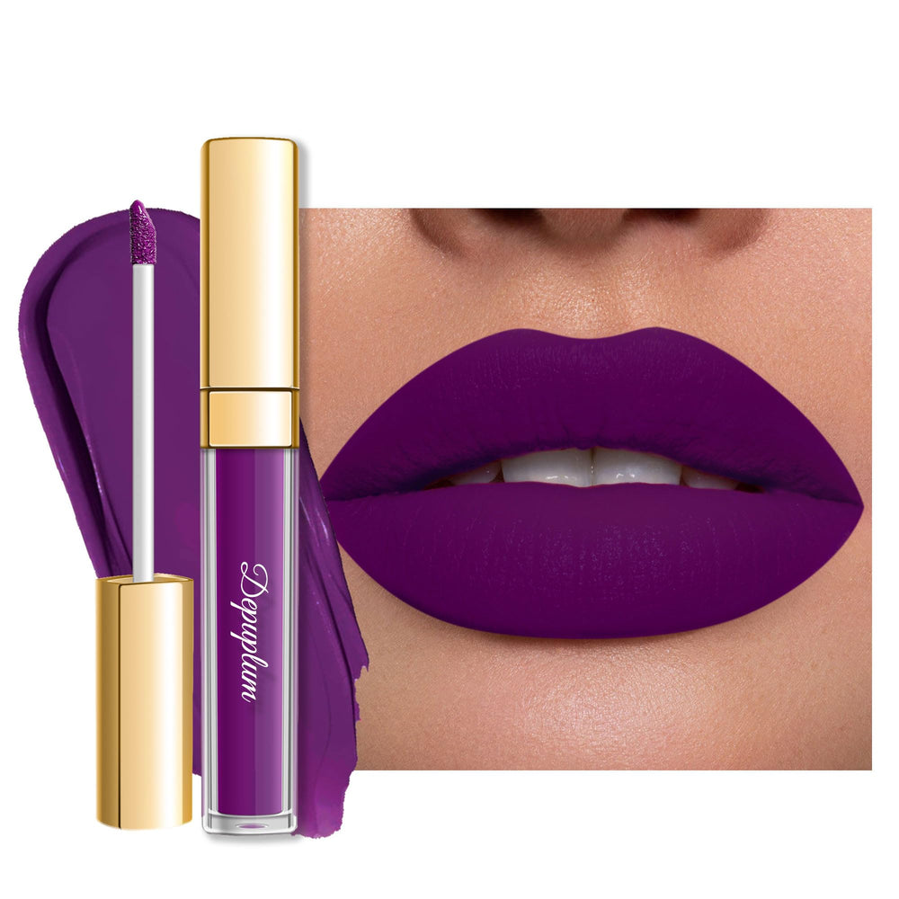 Depuplum front packaging showing deep purple matte shade and benefit of bold color