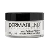 Dermablend front jar shows translucent powder and clear finish for longwear