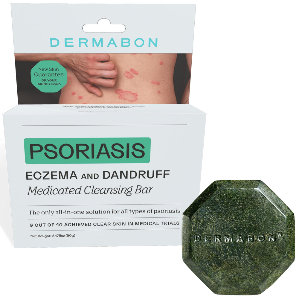 DERMABON front packaging shows coal tar soap bar and benefits