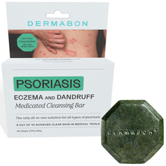 DERMABON front packaging shows coal tar soap bar and benefits