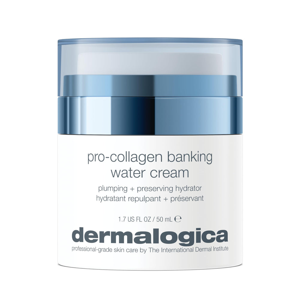 Dermalogica jar front packaging showing Pro Collagen Banking Water Cream benefits