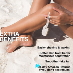 Dermastone being used on lower leg demonstrating safe exfoliation and smoother skin appearance