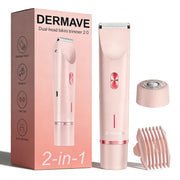 Dermave bikini shaver front view showing pink body and ergonomic grip for easy handling