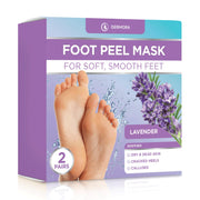 DERMORA front packaging showing two lavender foot peel pairs and benefits
