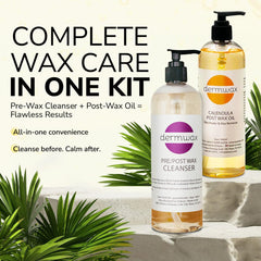Dermwax pre-wax cleanser pump close-up highlighting easy dispensing for quick prep