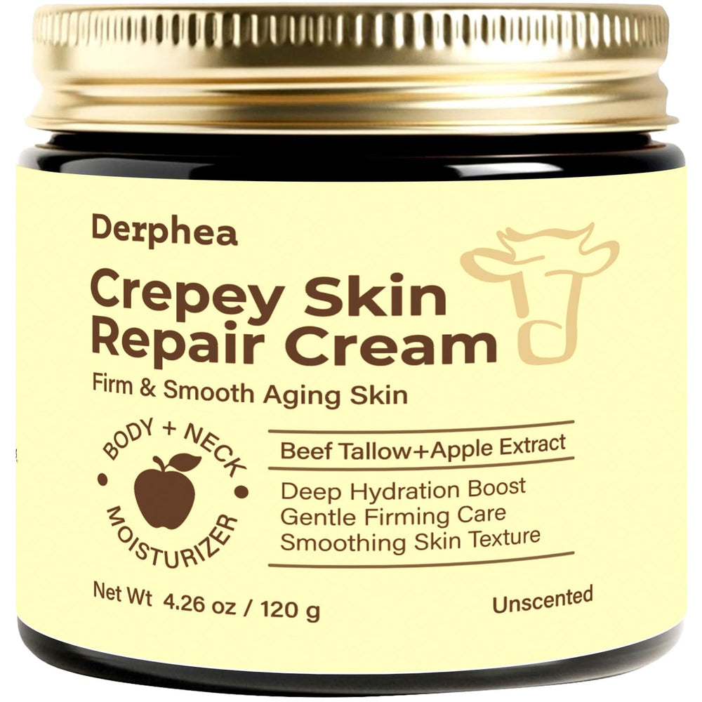 DERPHEA jar front view showing clean, unscented crepey skin cream