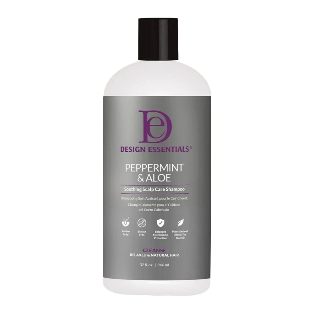 Design Essentials front label showing 32 fl oz therapeutic shampoo benefit