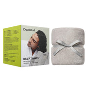 DevaCurl gray DevaTowel front view showing full size and hanging loop benefit