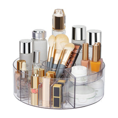 Dezzer front view of clear turntable showing organized cosmetics and visibility benefit
