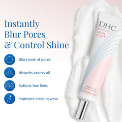 DHC Velvet Skin Coat tube closeup highlighting nozzle and travel-friendly design benefit