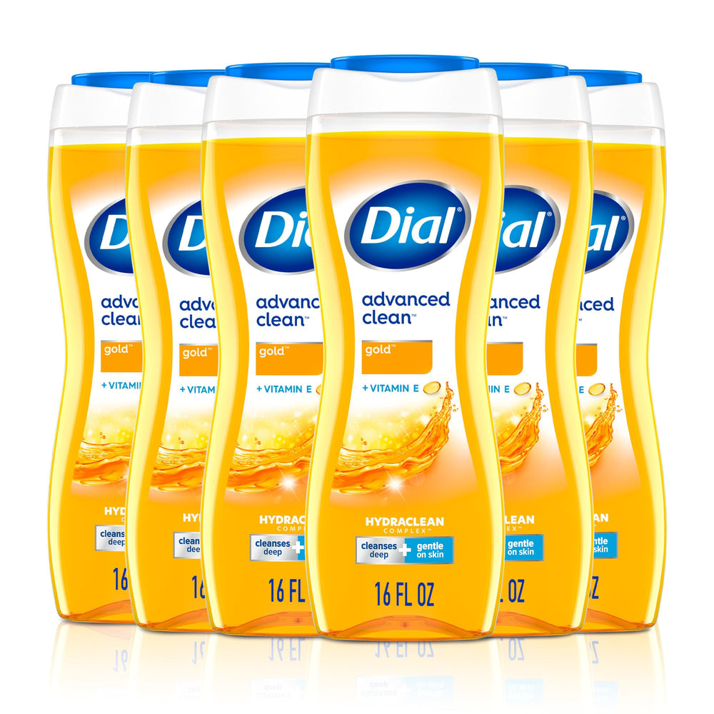Dial bottle front view showing label and gold fragrance, offers visible freshness
