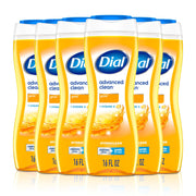 Dial bottle front view showing label and gold fragrance, offers visible freshness