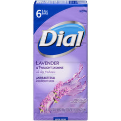 Dial bar front packaging showing six lavender-scented bars and useful benefits