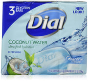 Dial front packaging showing three coconut water soap bars and clear labeling for easy identification