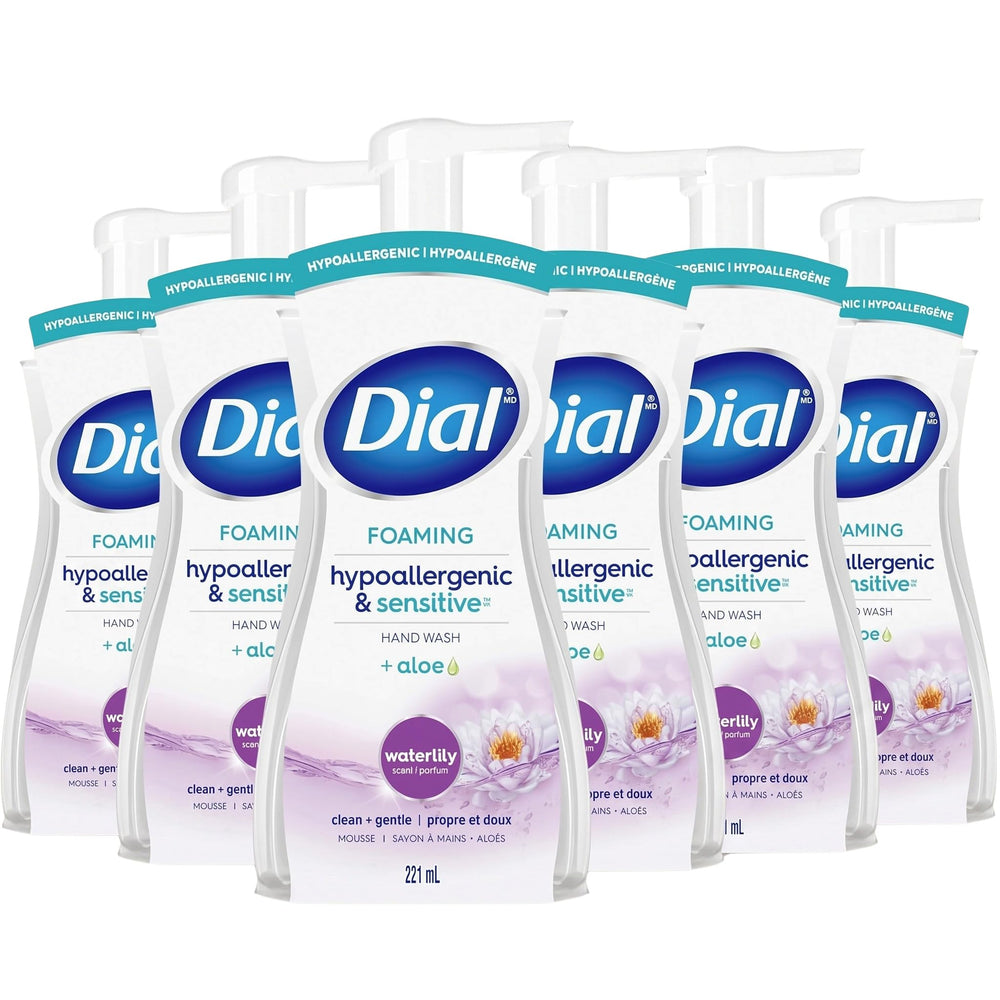 Dial front pump bottle showing label and easy dispensing for gentle cleansing