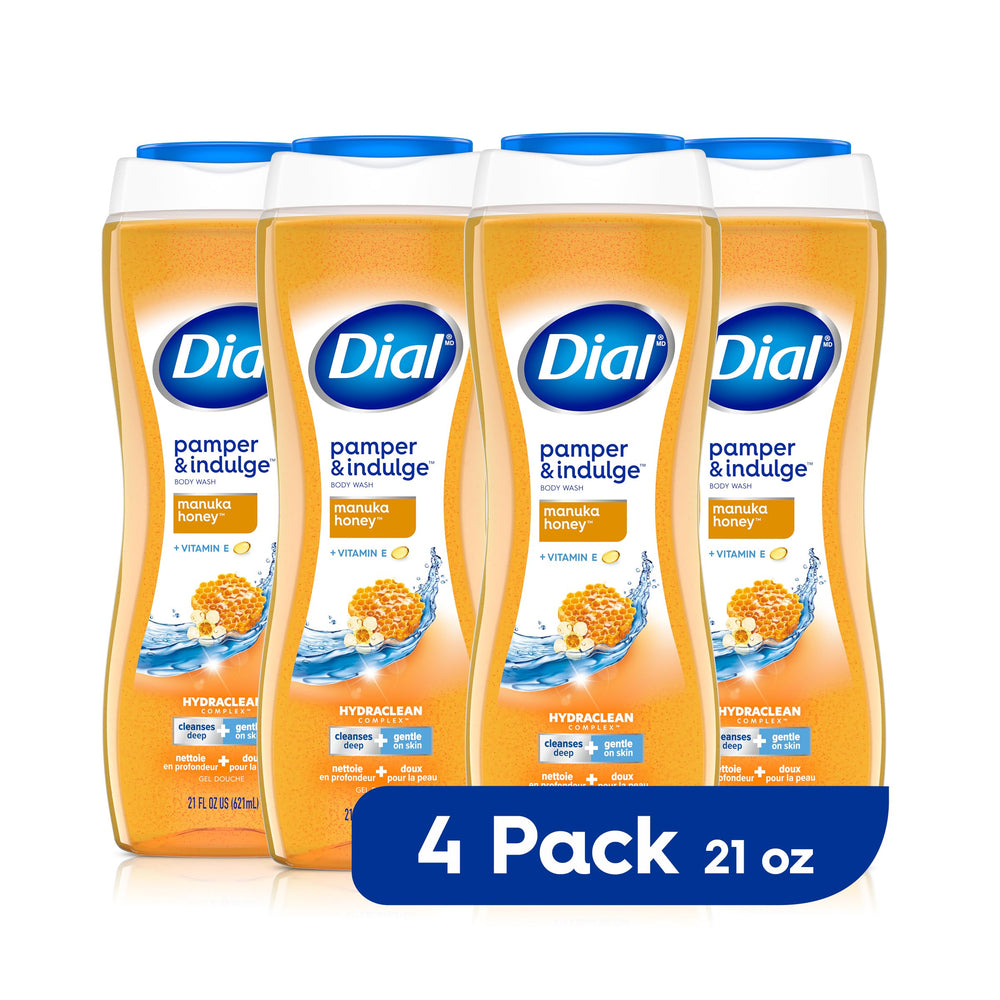 Dial front packaging showing bottle and manuka honey scent, indicates gentle cleansing benefit