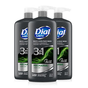 Dial Men front label showing 3-in-1 benefits and aloe scent for convenient fresh cleansing