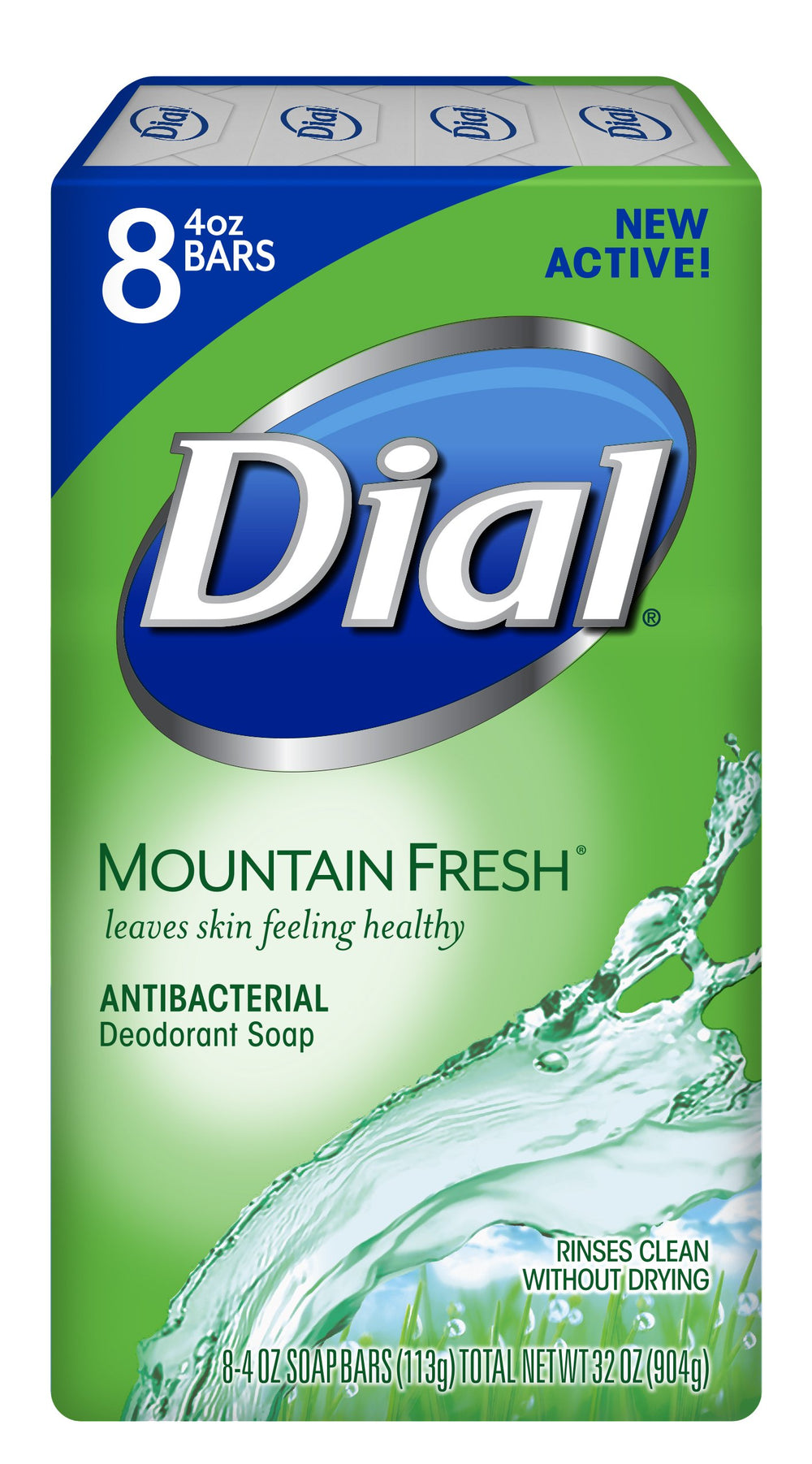 Dial front packaging showing Mountain Fresh scent and 8 bars benefit long-lasting supply