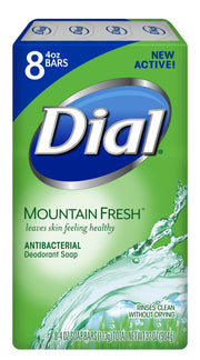 Dial front packaging showing Mountain Fresh scent and 8 bars benefit long-lasting supply