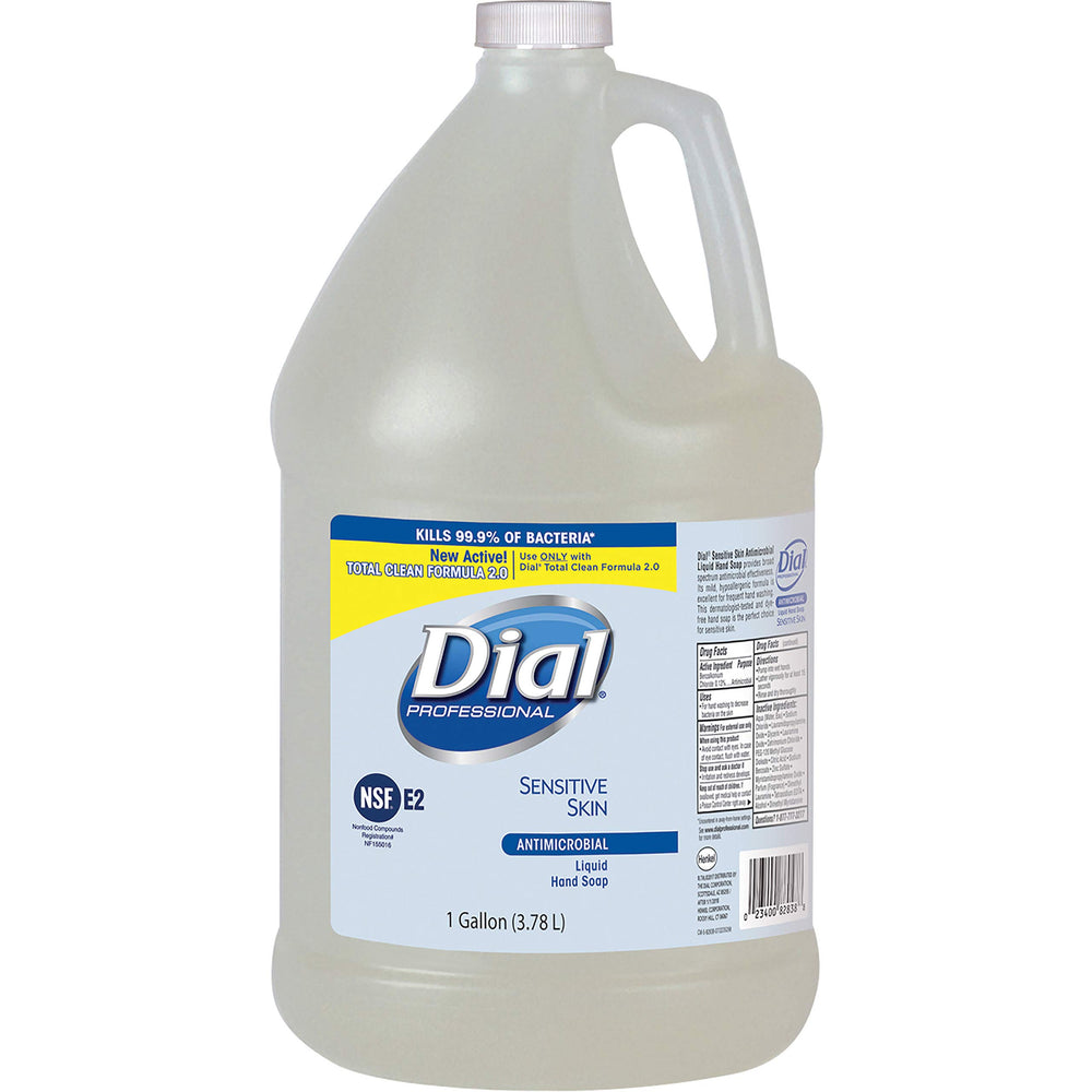Dial sensitive skin gallon bottle front view showing clear refill and gentle formula benefit