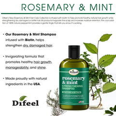 Difeel shampoo bottle label close-up highlighting rosemary and biotin benefits for hair